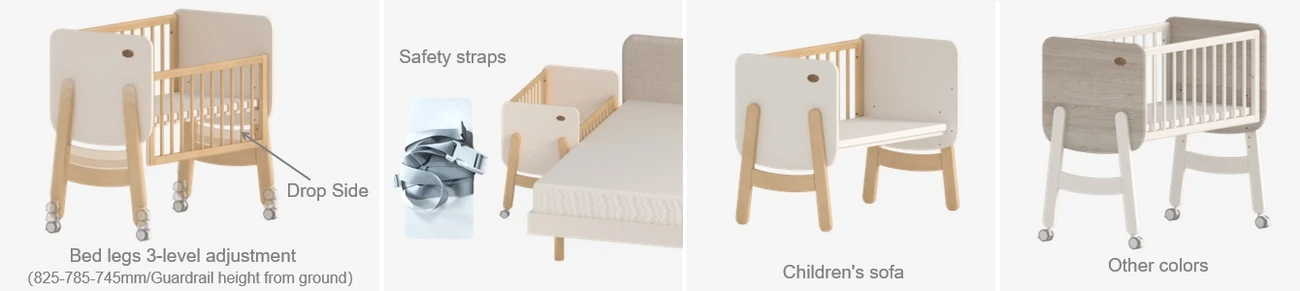 Portable wooden mini crib featuring drop side rail, safety straps for bedside co-sleeping, and 3-level height adjustment. Portable wooden mini crib featuring drop side rail, safety straps for bedside co-sleeping, and 3-level height adjustment.