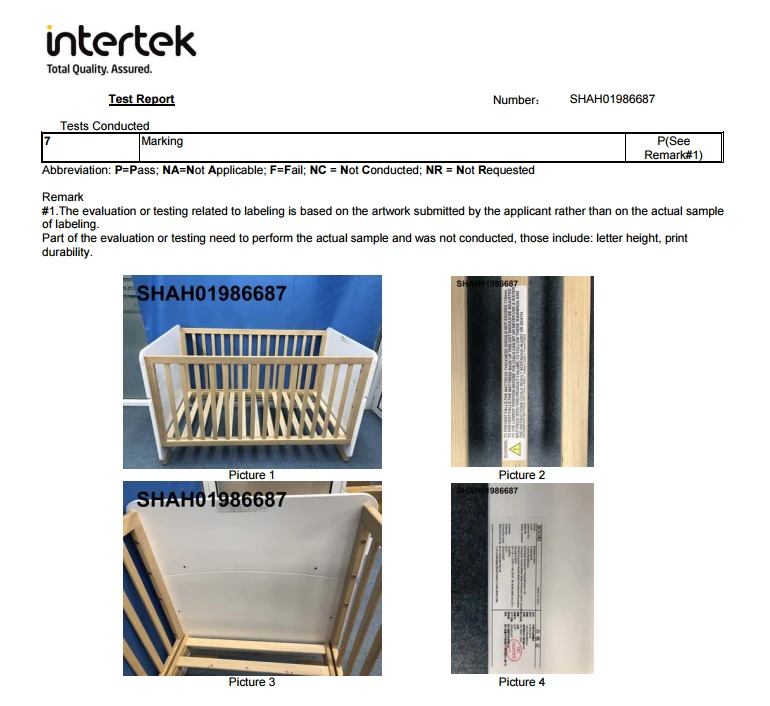 Intertek test report page showing the marking assessment result, with photographs of the tested cot bed sample and its labels Intertek test report page showing the marking assessment result, with photographs of the tested cot bed sample and its labels